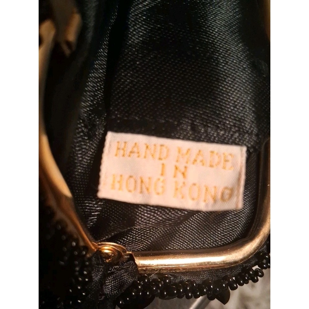 Vintage Black Beaded Sequin Evening Clutch‎ Bag Gold Tone Kiss Lock Hong Kong - Picture 7 of 7